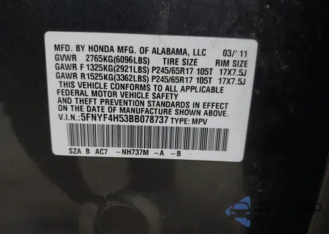 2011 Honda Pilot Ex-L from USA, damaged, VIN 5FNYF4H53BB078737